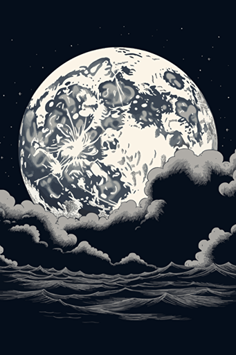 vector minimalistic catooned illustration of a big full moon in a dark night sky that uses the clouds as a rough border or frame to the illustration, white background