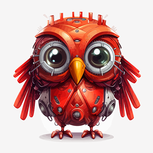 happy, cute, robotic red cardinal bird, big head, large shiny eyes, small wings, small legs, subtle gradients, colorful feathers, vector art, 2d
