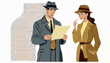 A women holding a piece of paper, showing it to a man dressed as a detective. flat style illustration for business ideas, flat design vector, industrial, light color pallet using a limited color pallet, high resolution, engineering/ construction and design, colored cartoon style, light indigo and light gold, cad( computer aided design) , white background