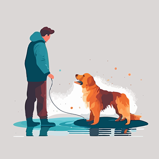 dog trainer training a dog, water color, flat vector art, bright color