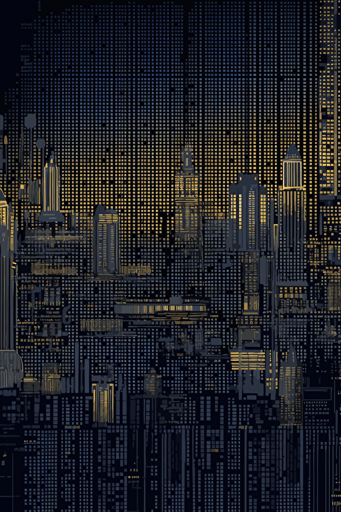 seamless wallpaper made of digital binary barcode data, vector dot matrix futuristic ziggurat cityscape skyline, ultra-sharp intricate details, navy and gold, dark indigo and dark gray