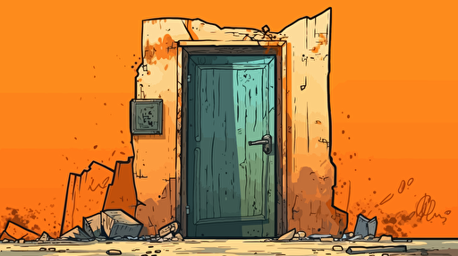 vector illustration, door in the widdle of an old orange decrepit wall, 2d animation, anime, vector image