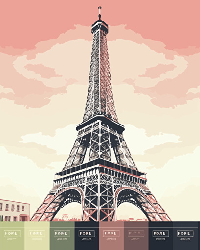 eiffle tower, retro aesthetics, vector image, sticker design, pantone color scheme: 12-1706 TCX, 12-0824 TCX, 15-0146 TCX, 15-1164 TCX, 16-6340 TCX, 17-4247 TCX, 18-2043 TCX, 19-6026 TCX. The final piece should exude a warm, holiday-like ambiance.