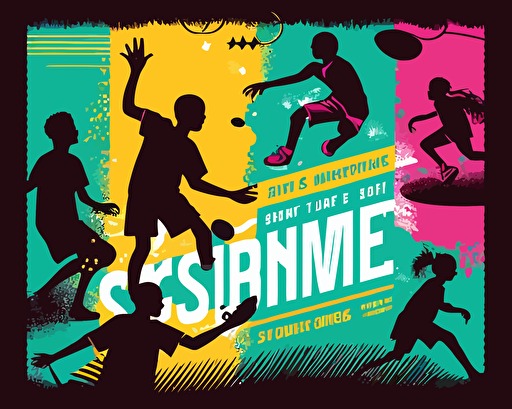this summer sports camp vector illustration features silhouettes of children playing sports, in the style of light blue and magenta, kehinde wiley, dark yellow and light green, superimposed text, tim holtz, dark orange and white, sparklecore