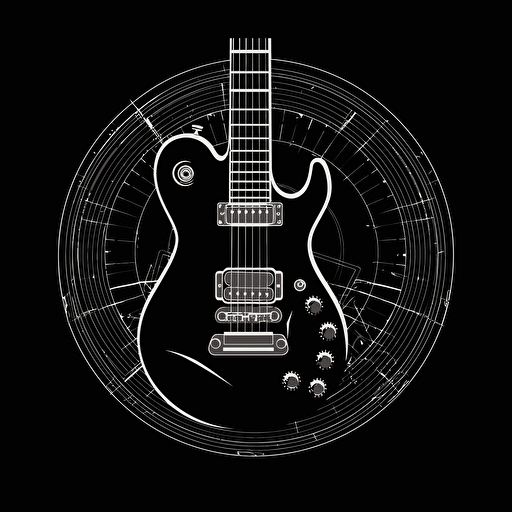 a band logo with velocity stacks on a guitar, white on black, clean vector