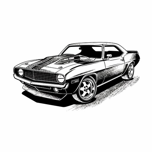 restored classic muscle car, black and white design, vector isolated on white