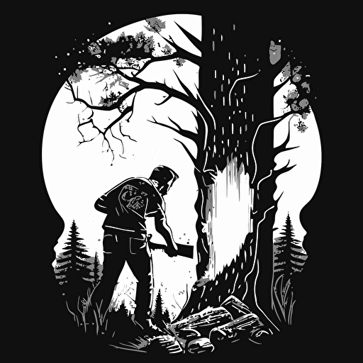 lumberjack chopping a tree in half, vector illustration, black and white
