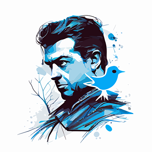 the twitter bird that looks like elon musk, minimalistic vector art, white background, twitter blue color scheme