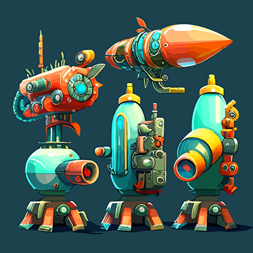5 cartoony complex aquatic bazookas lined up, vector, theme is atlantic, coral, ocean, cartoony,bazooka, grenade launcher, turret, gun, flame thrower, 2D, concept art, Pet Simulator X