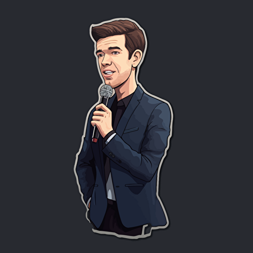 sticker design, super cute pixar John Mulaney performing standup, vector