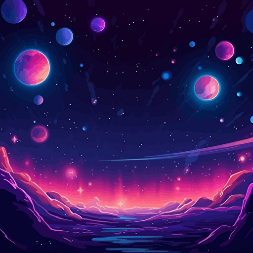 deep space background, inside a video game, vector style, glowing neon, planets, stars, asteroids