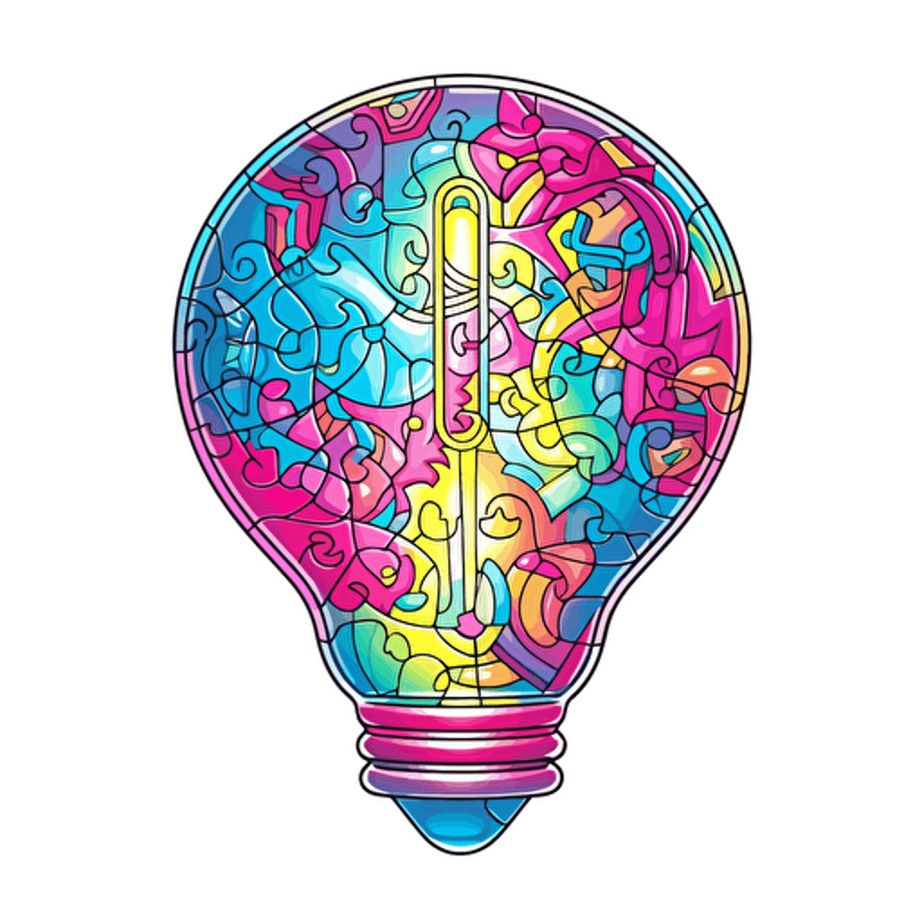 poeple putting a 4 piece puzzle in the shape of a light bulb together, neon, anime, contour, vector, white background, detailed