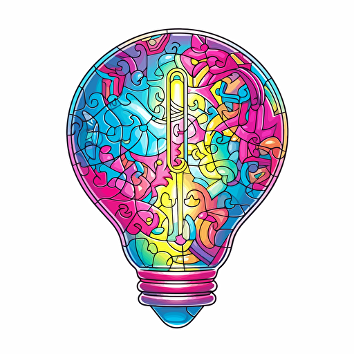 poeple putting a 4 piece puzzle in the shape of a light bulb together, neon, anime, contour, vector, white background, detailed