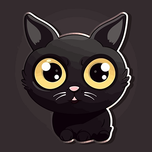 a cute black cat, sticker, white liner, vector, big eyes