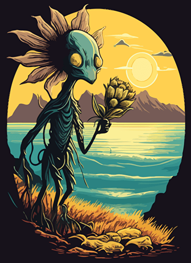 alien holding a flower, standing on a cliff, tsunami in the background, sun in the distance, vector, digital art