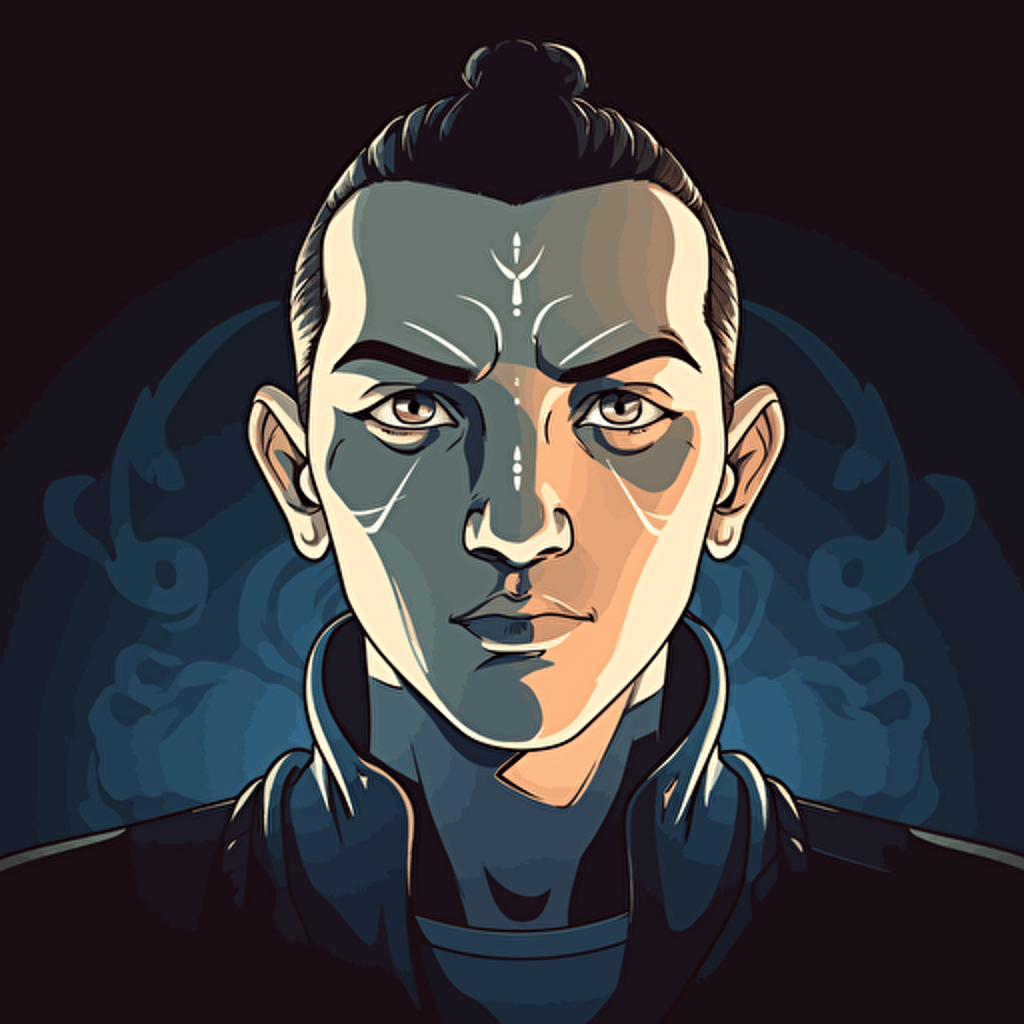36 year old Sokka from Avatar: The Last Airbender as a youtube channel icon, dramatic lighting, vector, smirk, water tribe