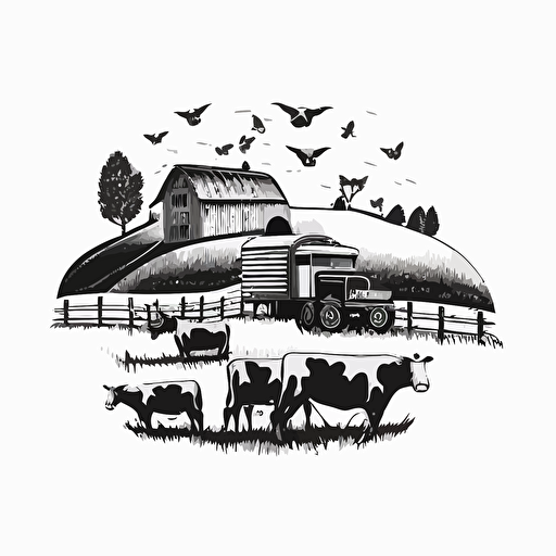 rolling feilds farm with cows in style of charles williams, black and white, flat, vector, line drawling, white background ar 1:1