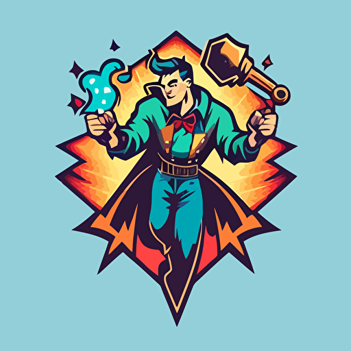 create a vector-style logo of a handyman magician with a magic wrench in his hand