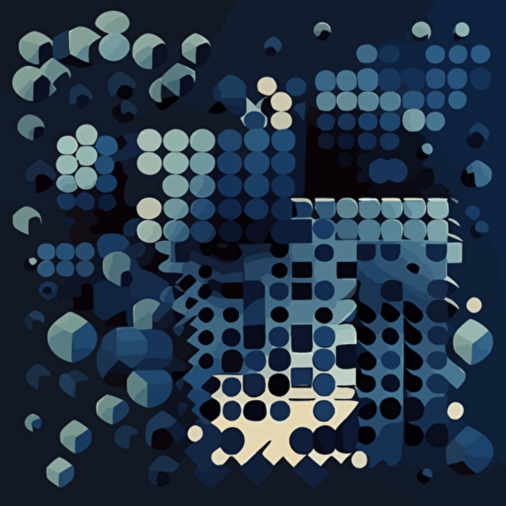 a vector illustration showing the change between atoms and pixels as an evolutionary process, in dark blue tones, and flat vector shapes, inspired by the iconic style of Victor Vasarely. He experiments with different shapes and sizes to create a dynamic and engaging piece of art.