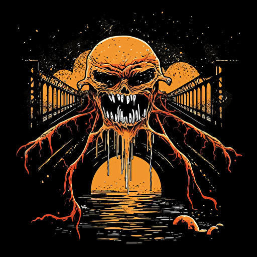 horror logo of a monster under a rickety bridge, splatter art, vector,