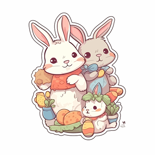 Easter Bunny Rabbits Vector Cute Cartoon Children Book Style Sticker border no background