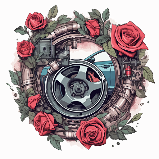 collage of car rim, turbocharger and suspension , with roses around, vector style, print quality