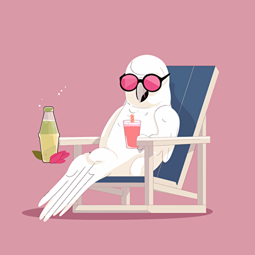 A white cockatoo wearing pink sunglasses, laying on its back in a lawn chair drinking a cocktail. flat style illustration for business ideas, flat design vector, industrial, light color pallet using a limited color pallet, high resolution, engineering/ construction and design, colored cartoon style, light indigo and light gold, cad( computer aided design) , white background