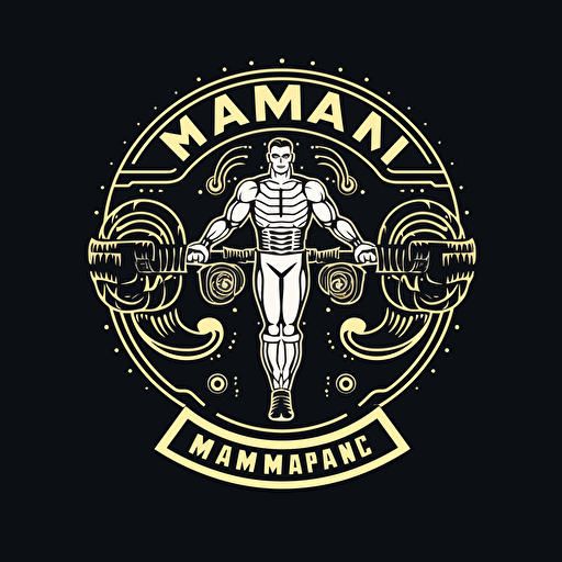 Retro iconic logo of muscular body with weights, white vector, on black backgroung