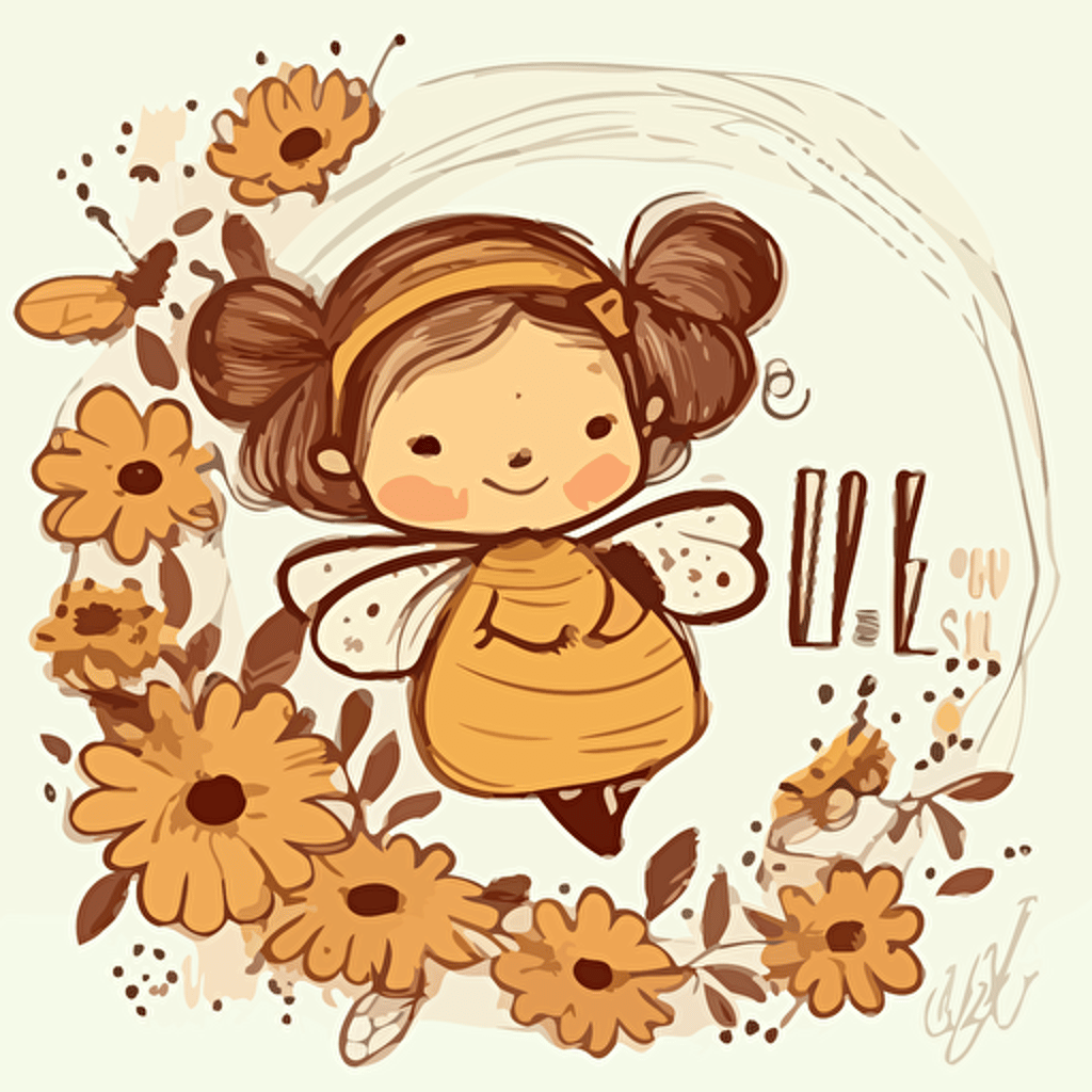 Illustration featuring a happy, baby girl is a humanized bee. Depict the family, including the newborn baby, her 3-year-old brother, mother and father, all joyfully celebrating the baby's arrival. honey, beehive, flowers. Warmth love charming, whimsical setting. Drawing, colorfull, sketch, vector.