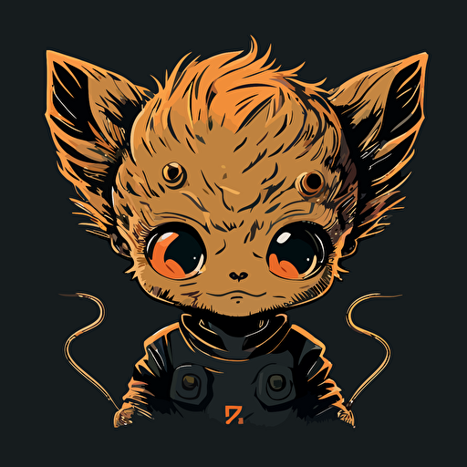 A baby fur japanese alien, orange eyes, smiling, black background, vector art , anime style