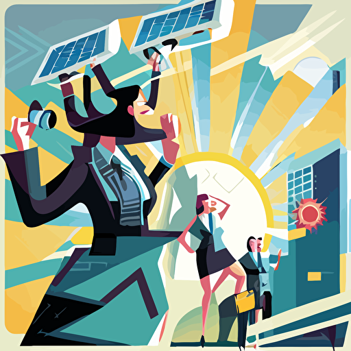 business women success, dated vector illustration, protest, solar panels, megaphones