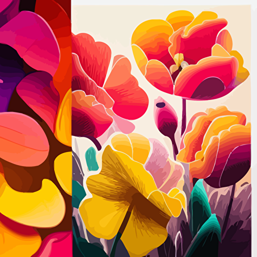 Drawing from Georgia O'Keeffe's close-up flower paintings, design a vector illustration of a vibrant garden scene where people interact with oversized flowers in bright colors. Set the scene during a warm spring day.