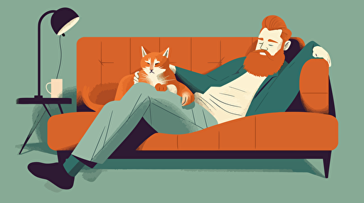 a 43 year old swedish man, lounging on a couch, holding a cat, vector art style like Michael Parks,