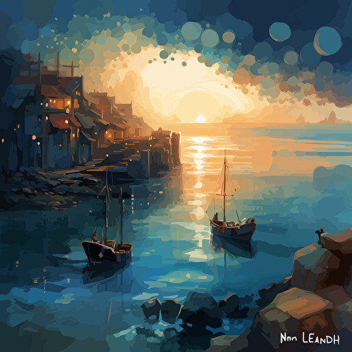atmospheric coastal landscape, rich dark blues, warm browns beiges greens, lights from a distant marina, watercolors, dripping colors, vector, style of Yoann Lossel, Erin Hanson, Leonid Afremov, Makoto Shinkai