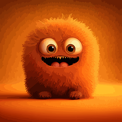 A scary baby fur monster, smiling, orange background, vector art , pixar style