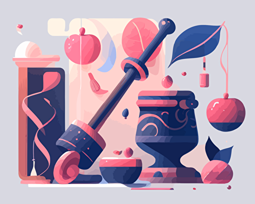 a gavel and pencil, vector illustration, in the style of light pink and indigo, raw documentation, atey ghailan, innovative page design, dark azure and red, organic and flowing forms, petcore
