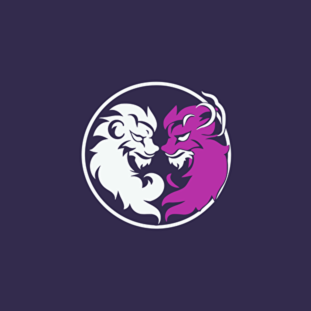 Create a simple vector logo featuring a Chinese dragon and a Chinese lion dancer. The dragon should be colored in shades of black and purple, with white accents to give it a sleek and modern look. The lion dancer should be in white, with accents of purple and black to match the dragon. The logo should have a clean and minimalist design, with a white background to make the colors stand out.
