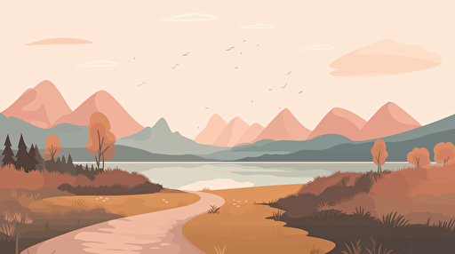 multiple walking paths leading to the horizon in a landscape with a mountain and a lake. vector illustration.