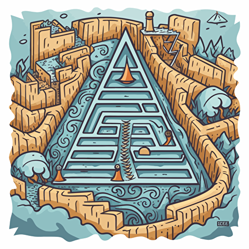 a kids maze game printed on a small aquare piece of paper featuring a pyramid and hidden treasure, illustrated in a simple vector style