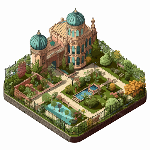 isometric cartoon vector image of a walled botanical garden with transparent background