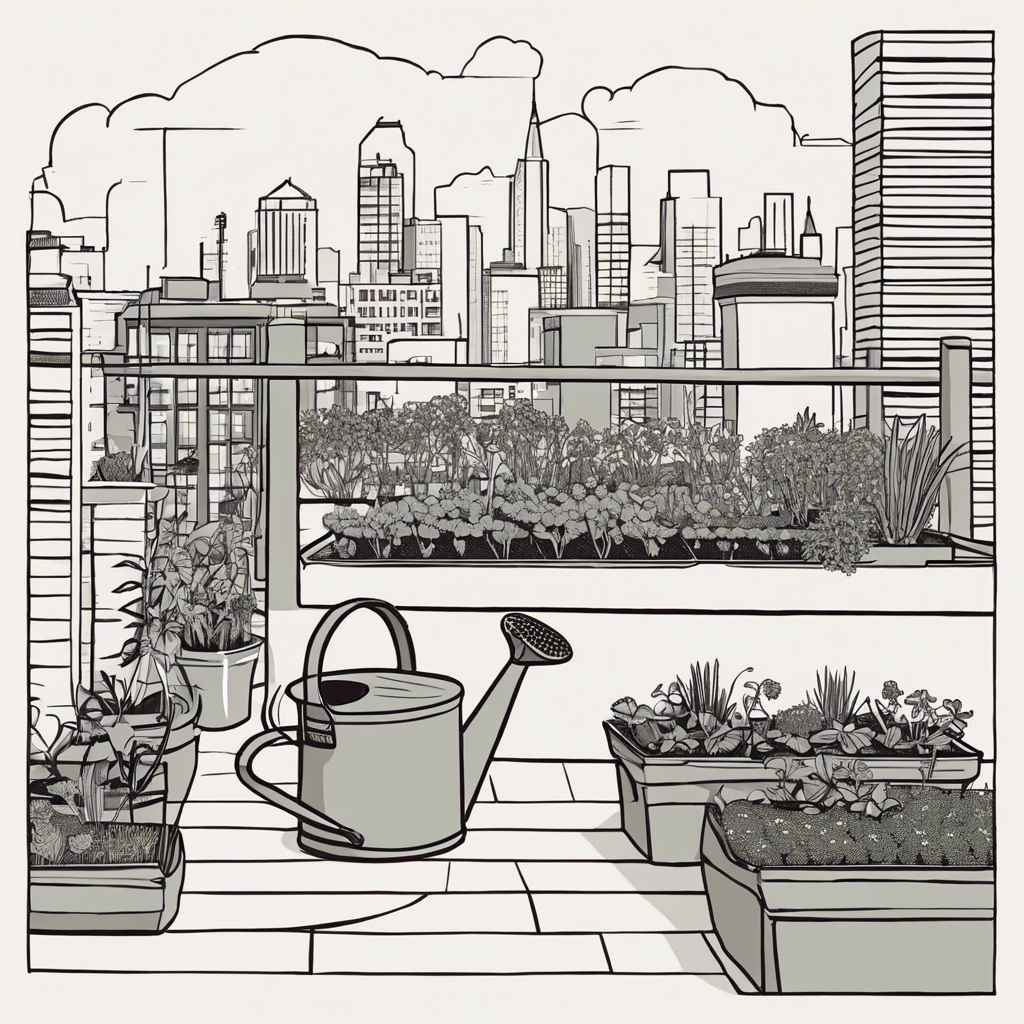 Rooftop garden with city views, container plants, and a watering can, illustration in the style of Matt Blease, illustration, flat, simple, vector
