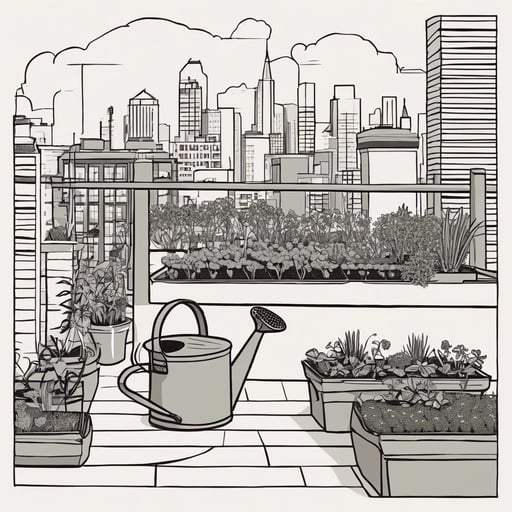 Rooftop garden with city views, container plants, and a watering can
