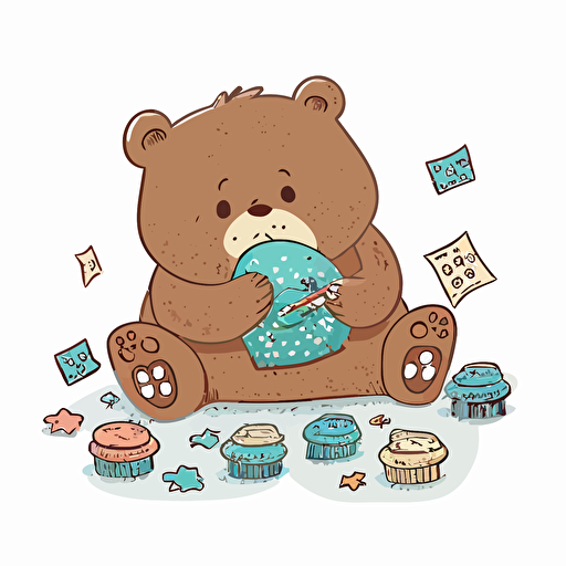 a vector image of a cute bear eating pastries and counting american money