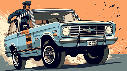 vector art style, OJ in a Bronco running from police, in the style of Michael Parks,