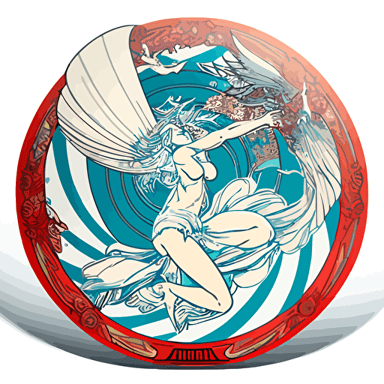 amazing vector 2d creative design style with great detail and incredible artistic perception artifact Japanese ukiyoe anime disc golf throwing pro with Alphonse Mucha detail circle with a white background, edge frame has amazing design detail with blue white red vivid contrast flying disc frisbee ethereal