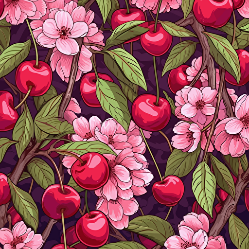 Peruvian cherry illustration, epic composition, 2d vector, pinks, seamless pattern