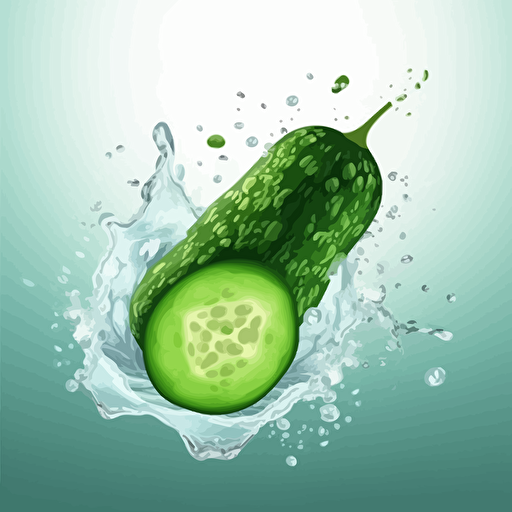 strong and healty cucumber, falling in water, splash around, illustration, vector, big cucumber with big smyle, use green magenta blue color, high details