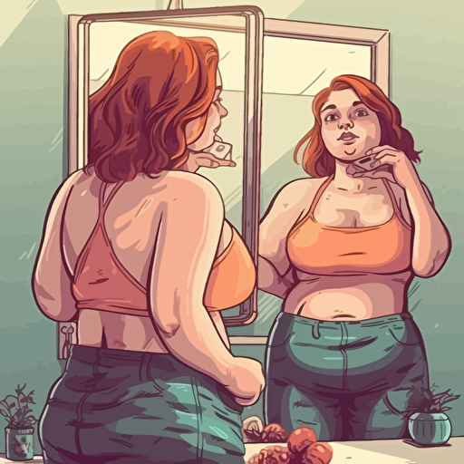 vector picture, a fat girl looks at herself in the mirror, in the mirror the girl sees herself thin and beautiful, the picture is bright