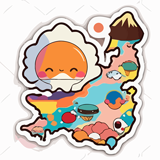 sticker, Japan map, kawaii, contour, vector, vibrant colours, white background