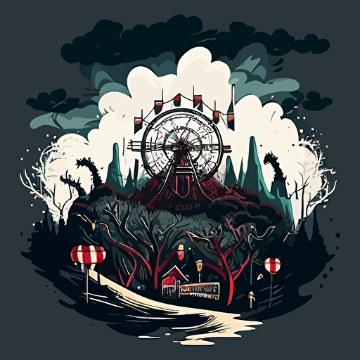 The scene is set in the dark, eerie, in the woods, abandoned, shrubs, trees, bushes, roses, on a hill, with a city landscape in the background, broken carnival rides in the distance, dark gloomy clouds in the background, vector logo, vector art, cartoon